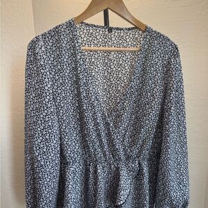 Never used - Floral Wrap Blouse - dark blue and White